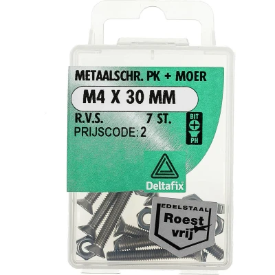 Afbeelding van Deltafix Metaalschroef R.V.S. PK + Moer M6 x 20 mm 4 stuks
