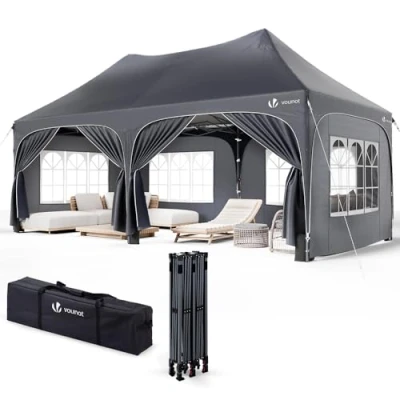 Afbeelding van VOUNOT Tuinpaviljoen voor buiten, 3 x 6 m, opvouwbaar, met afneembare wanden en zandzakken, recept, waterdicht uv bescherming, camping, festival, bruiloft, transporttas, grijs