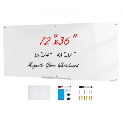 Afbeelding van VEVOR magnetisch glazen whiteboard, wandbord droog uitwisbaar bord 1829 x 915 cm, wandgemonteerd wit zonder frame, met pennenbak, een gum en 2 pennen, magneetbord