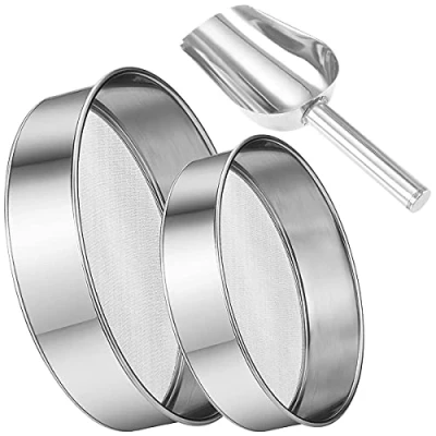 Afbeelding van NC 2 stuks meelroosterzeef met een meellepel, keuken, fijne zeef van mesh, roestvrij staal, zilver, netto meelzeef, zeef, bakken, poedervormig suikerfilternet, 40 mesh (15 cm + 20 cm)