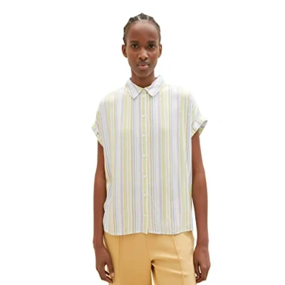 Afbeelding van TOM Tailor Denim Gestreifte Kurzarm Overhemdblouse, Dames, Maat: XS, Multicolor vertical stripe
