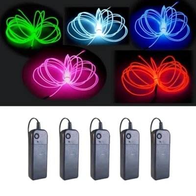 Afbeelding van Balabaxer EL Wire, 5 stuks 2,7 m neonlampen, draagbare elektroluminescerende draad met batterijpakket voor feesten, Halloween, doe het zelf decoratie (groen, blauw, rood, wit, roze)