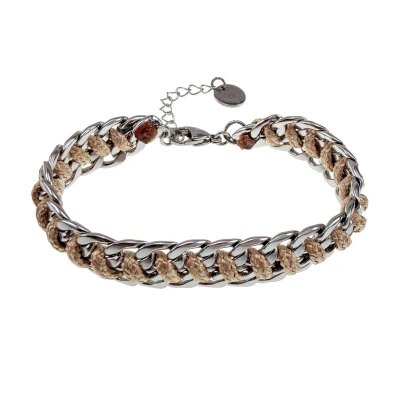 Afbeelding van 17cm tot 20cm Armband Dames Lichtbeige Gepolijst RVS Cubaanse Schakelsarmband met Koord Verstelbaar