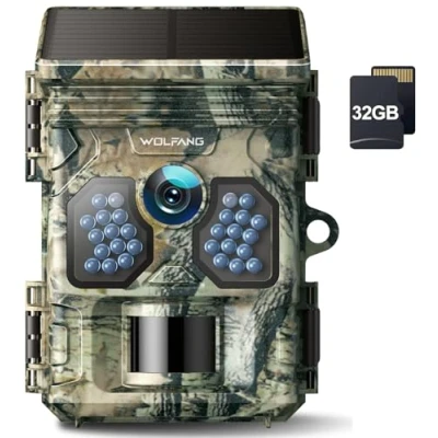 Afbeelding van WOLFANG Wildlife Solarcamera 4K 48MP, Trailcamera met Uitstekend Nachtzicht, Dubbele Voeding, 0,1 s Activeringstijd, IP66 Waterdicht, Voor Monitoring U3 32 GB Micro SD kaar
