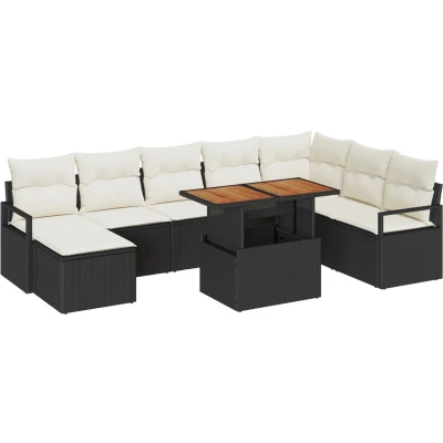 Afbeelding van vidaXL 9 Delige Tuin Sofa Set met Kussens Zwart Poly Rattan, 2 Zits Opslag &amp; Rattan