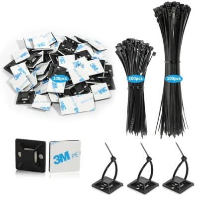 Afbeelding van 200 stuks kabelbinders met 100 0,9 inch x zelfklevende kabelclips sterke pads (zwart)