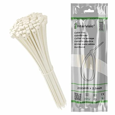 Afbeelding van Kabelbinders 200 mm x 2,5 Wit Premium Plastic Tie Wraps, 200mm lange nylon bundelbandje, pak van 100 stuks intervisio