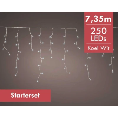 Afbeelding van Koppelbare ijspegels LED koel wit licht 7,35M 250 lampjes div lichtstanden Starterset met transformator
