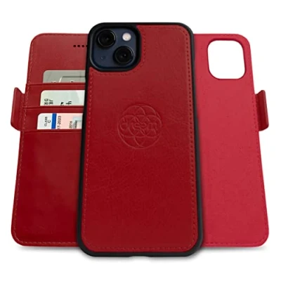 Afbeelding van Dreem Fibonacci compatibel met iPhone 13 Mini portemonnee case / 2 in 1 schokbestendig hoesje en afneembare veganistisch lederen folio, MagSafe compatibel, RFID bescherming [Rood]
