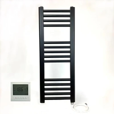 Afbeelding van Greened House 300w x 800h Zwarte Elektrische Rechte Verwarmde Badkamer Handdoekhouder + Timer en Kamer Thermostaat