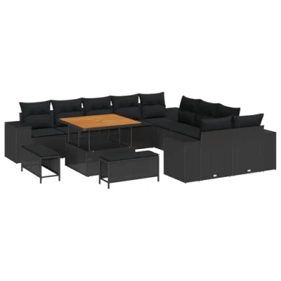 Afbeelding van vidaXL 13 delige Tuin Sofa Set met Kussens Zwart Poly Rattan Acacia, 3 Eetset Acacia