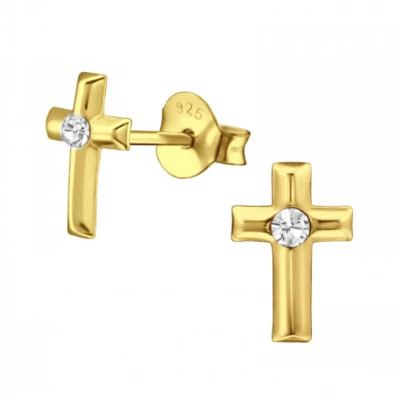 Afbeelding van Oorbellen zilver Oorstekers Gold plated oorstekers, kruisje met kristal