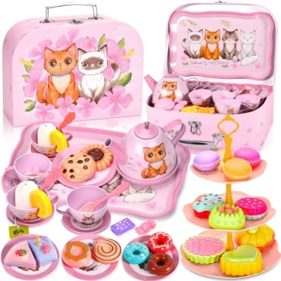 Afbeelding van ZLPBAO 50 Pcs Teeservice Kinder, Theeservies Voor Kinderen, Theeservies, Spielzeug Tragekoffer, Teeparty Rollenspiel für kleine Mädchen, Zinn Tee Set mit Teefilterbeuteln und Zitronenscheiben