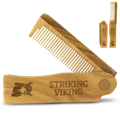 Afbeelding van Striking Viking Opvouwbare houten kam herenhaar, baard en snor zakformaat sandaal voor dagelijkse verzorging, gebruik droog of met balsems oliën baardcadeau mannen