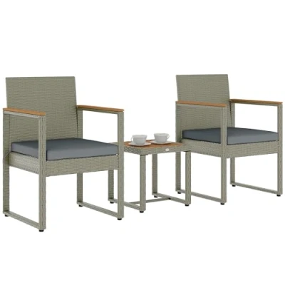 Afbeelding van Outsunny 3 delige rotan bistroset, terrastafel en stoelen, set met afneembare kussens, gespreksset acaciahouten tafel verstelbare voetkussens voor tuin, balkon, grijs