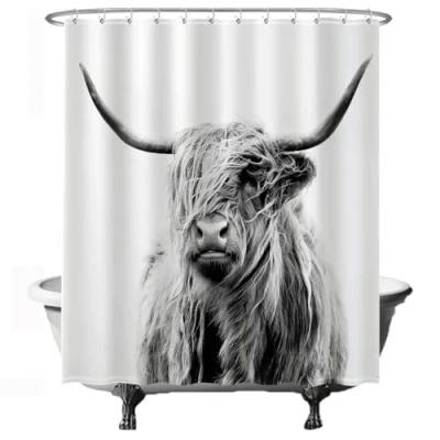 Afbeelding van Ulticool Douchegordijn Schotse Hooglander 180 x 200 cm met 12 Ringen Wit semi Transparant anti Schimmel Grijs Zwart
