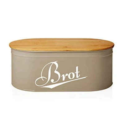 Afbeelding van Lumaland Cuisine Broodtrommel Metaal met bamboe deksel Ovaal 36 x 20 13,8 cm Grijs