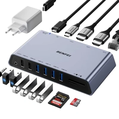 Afbeelding van BENFEI DisplayLink 12 in 1 universeel USB 3.0 dockingstation met dubbel HDMI scherm, 6 poorten, SD en TF kaartlezer, Gigabit Ethernet netwerk 3,5 mm hoofdtelefoonaansluiting