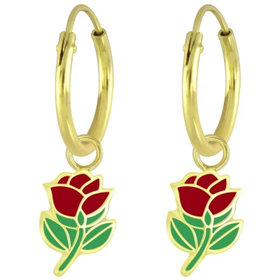 Afbeelding van JoyS Zilveren bloem bedel oorbellen rood roosje oorringen 14k goudplating