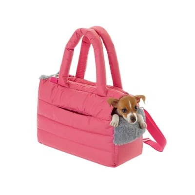 Afbeelding van Hondentas, puppytas, draagtas voor kleine en middelgrote hond, kat, S, tot 5 kg, tas onderweg, hondendrager met karabijnhaak, transporttas, frambooskleuren