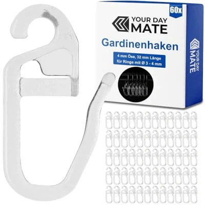 Afbeelding van gordijnhaken voor ringen, set van 60 stuks, transparant, met Ø 4 mm oog, gordijnringen tot dikte, om op te hangen, vouwhaken gordijnringen, gordijnhaken, cliphaken