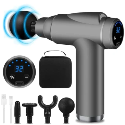 Afbeelding van BUOAZR Spier Massagepistool, mini massagepistool met 32 instelbare niveaus van 3500 tpm en 4 massagekoppen lcd scherm, licht draagbaar, voor pijn spierstijfheid