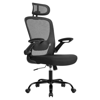Afbeelding van SONGMICS ergonomische bureaustoel, draaistoel met gaas, gevoerde lendensteun, wipfunctie, zitting 53 cm, opklapbare armleuningen, hoofdsteun, inktzwart OBN047B01