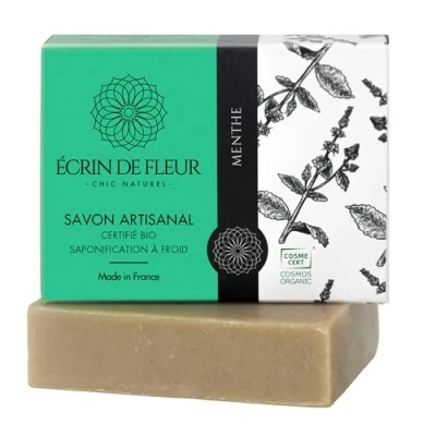 Afbeelding van Écrin De Fleur Biologische muntzeep voor heren, all in one zeep, gezicht, lichaamswas, haar en scheerbeurt, handgemaakt Frankrijk met spearmintolie, pepermuntolie muntbladpoeder, 1 x 90 g