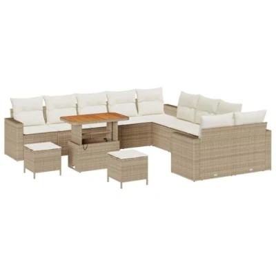 Afbeelding van vidaXL 13 delige tuinbankset met kussens Beige Poly Rattan Acacia