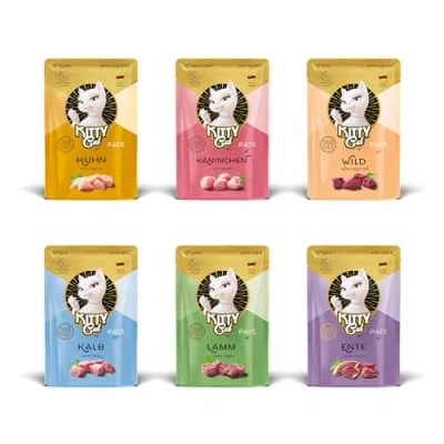 Afbeelding van KITTY Cat Paté Mix 1, 6 x 85 g, natvoer voor katten in probeerpakket, graanvrij kattenvoer met taurine, zalmolie en groenlipmossel, compleet voer een hoog vleesgehalte, Made Germany