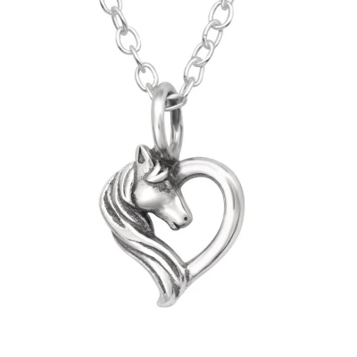 Afbeelding van JoyS Zilveren hartje hanger paard inclusief ketting 39 cm (extra oogje op 36 cm) geoxideerd kinderketting