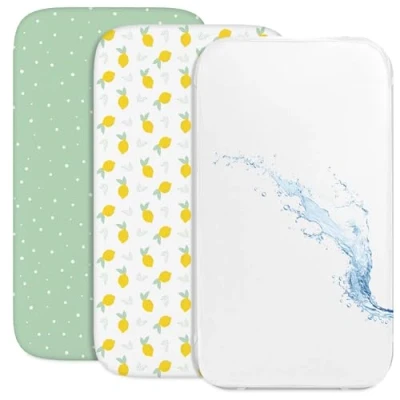 Afbeelding van Sweety Fox Cododo hoeslaken (set van 2) 1 waterdichte matrasbeschermer met elastiek 3 in maat 55x90 cm compatibel wiegjes, Bebe matrasbed voor meisjes en jongens citroenpatroon