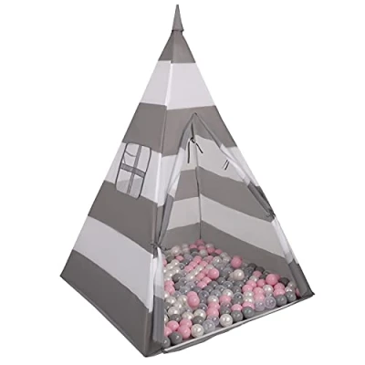 Afbeelding van Selonis Tipi Tent Voor Kinderen Speelhuis Met 100 Ballen Indoor Outdoor Tipi, Grijs Wittestripes: Parel/Grijs/Transparant/Lichtroze