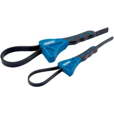 Afbeelding van Draper 43863 Soft Grip Oliefilter Strap Wrench Removal Tool Set voor Potten Deksels Loodgieters Verwijderen, 2 stuks, Blauw