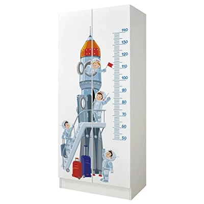 Afbeelding van Leomark Roma Witte tweedeurs kledingkast functionele zweefdeurkast, dim: 70 x 42,5 161,5 (H) cm, commode, kast, meubels voor kinderen, UV druk: ruimteraket