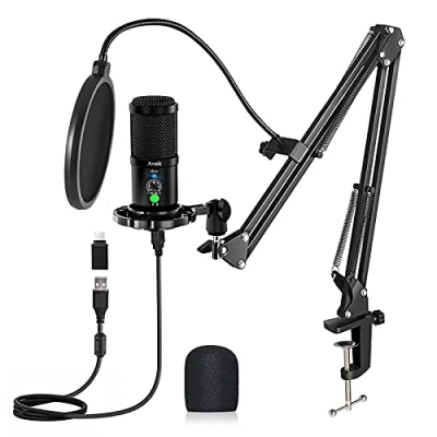 Afbeelding van Aveek USB microfoonset, 192 KHZ/24 bits, podcast pc microfoon met demping, headset bewaking en ruisonderdrukking, cardioïde condensatormicrofoon voor computer telefoon, YouTube, gaming, opname