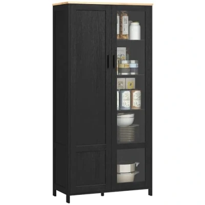 Afbeelding van HOMCOM Keukenkast, keukenbuffet, servieskast, vitrinekast met 2 deuren, waarvan een glazen deur opbergmeubel verstelbare planken en 9 vakken, 76 x 36 160 cm zwart