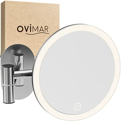 Afbeelding van ovimar cosmeticaspiegel Vorupor zilver met verlichting oplaadbaar wandmontage zonder boren in de badkamer 5x vergrotende spiegel make up licht 360 graden