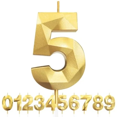 Afbeelding van 5. verjaardagskaarsen, cake, goud, kaars nummer 5, 3D kaarsen met 5 cm cijfers, verjaardagstaarttopper decoratie voor verjaardagsfeesten, bruiloft, jubileum