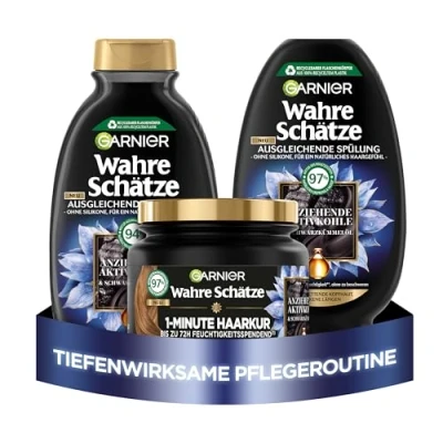 Afbeelding van Garnier Haarverzorgingsset, tegen snel vettige hoofdhuid en droge lengtes, met reinigende actieve kool, shampoo (250 ml), conditioner (200 haarkuur van 1 minuut (340 echte schatten, 3 delig