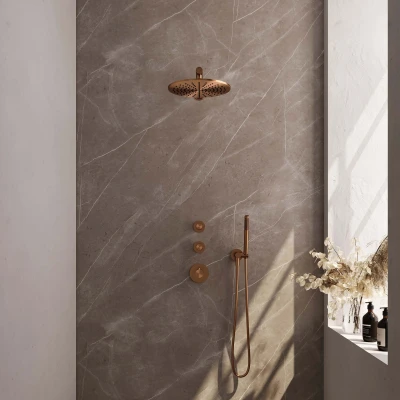 Afbeelding van Brauer Copper Edition Regendoucheset inbouw hoofddouche 30cm 3 gladde knoppen rechte wandarm handdouche staaf 1 stand PVD geborsteld koper