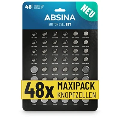 Afbeelding van ABSINA Set van 48 alkaline en lithium knoopcellen 4x AG1 / AG3 8X AG4 AG10 AG13 CR2016 CR2025 CR2032 1,5V &amp; 3 V knoopcelassortiment lekvrij knoopcelbatterijen