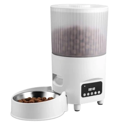 Afbeelding van automatische kattenvoerdispenser, programmeerbare timer droogvoerdispenser voor katten, dierendispenser, 3 l van roestvrij staal, 1 9 maaltijden per dag, wit