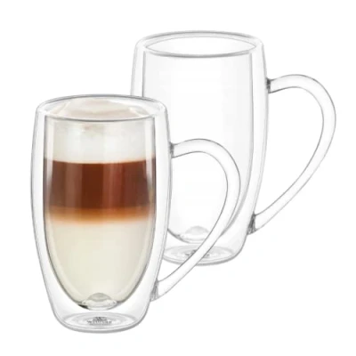 Afbeelding van Wilmax Dubbelwandige thermoglazen met handvat, set van 2 stuks, 500 ml, latte macchiato glazen, cappuccinoglazen koffieglazen, theeglazen, drinkglazen, thermokopjes