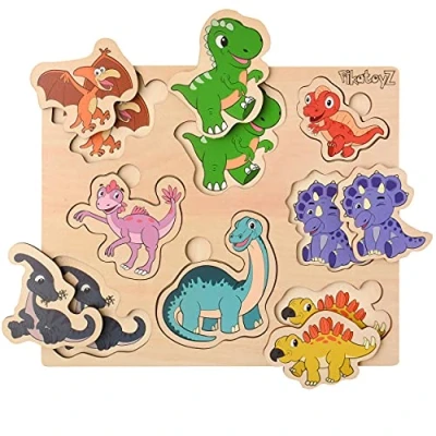 Afbeelding van Pikatoyz houten puzzels 1 jaar, 2 3 jaar. Puzzelset bestaande uit dinosauruspuzzels. Ideale legpuzzel om cadeau te geven. Kinderpuzzel Montessori speelgoed voor jongens. Babyspeelgoed.
