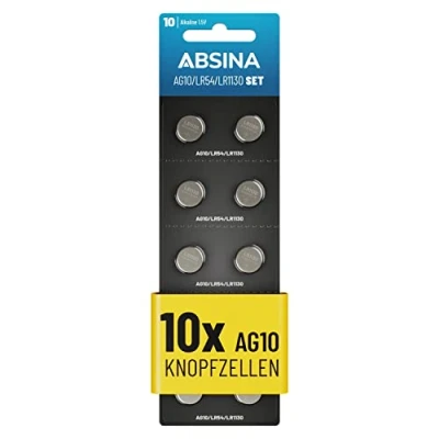 Afbeelding van ABSINA AG10 LR1130 knoopcellen, verpakking van 100 stuks, 1,5 V alkaline lekvrij en met lange houdbaarheid, LR54, V10GA / RW49, G10A, 189, GP189, L1130, 89A, knoopcelbatterijen