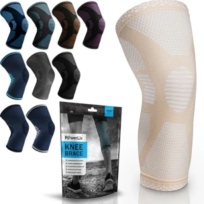 Afbeelding van POWERLIX kniebrace voor vrouwen/mannen, compressie kniebandage meniscusscheur, artritis, Linddert kniepijn, ACL, hardlopen, gewichtheffen, basketbal, volleybal, sport, Beige L
