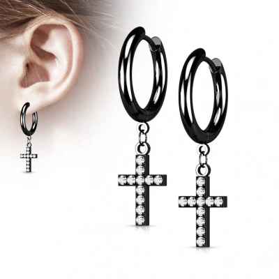 Afbeelding van Oorbellen gemmed cross hanger zwart