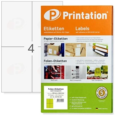 Afbeelding van Printation Weerbestendige folie etiketten transparant mat 105 x 148,5 mm op 25 DIN A4 vellen 2 4 labels per vel 100 transparante stickers A6 bedrukbare plakfolie laserprinter