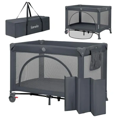 Afbeelding van Lionelo Laura Compact 2 in 1 Reisbedje &amp; Box Kinderbed Lichtgewicht Hoogtes Wielen met Rem Gaas Zijpanelen Peuter Ingang Inclusief Draagtas Opbergzak